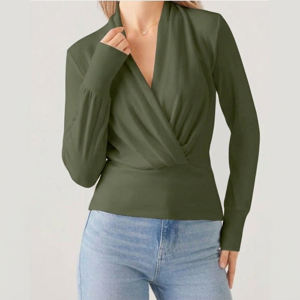 OGL Women Small Deep Olive Green Wrap Top Eco-Mousse Shawl Collar Long Sleeve